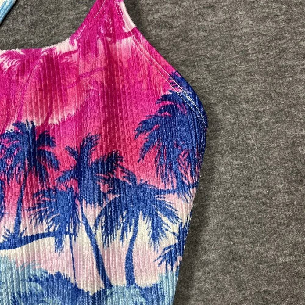 Vintage Catalina Swimsuit Size L Tropical Floral Pink Blue One Piece High Cut